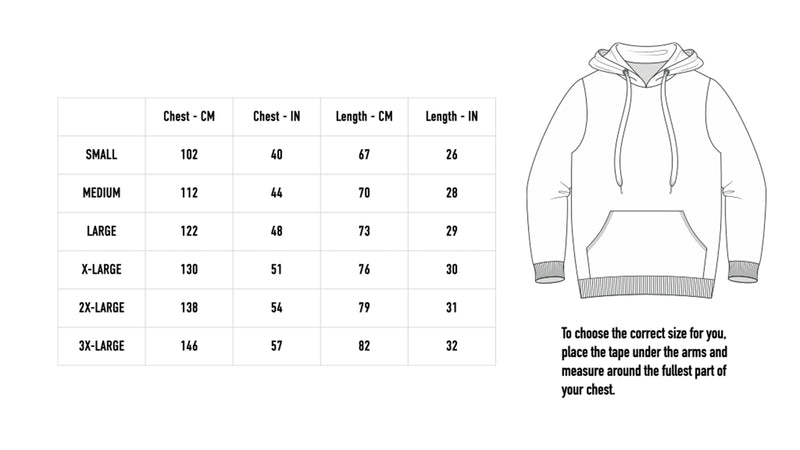 Size chart for The Sleeping City Hoodie - Black